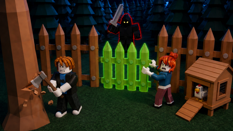 Two players chop a tree and repair a wooden fence for their chicken coop while a red-eyed monster with a sword looms behind the fence at night.