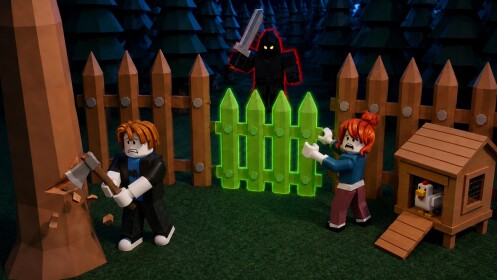 Two players chop wood and repair a fence around their chicken coop at night while the hooded Beast with a sword looms behind the gate.